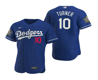 Men Los Angeles Dodgers 10 Justin Turner Royal 2020 World Series Authentic Flex Nike Jersey